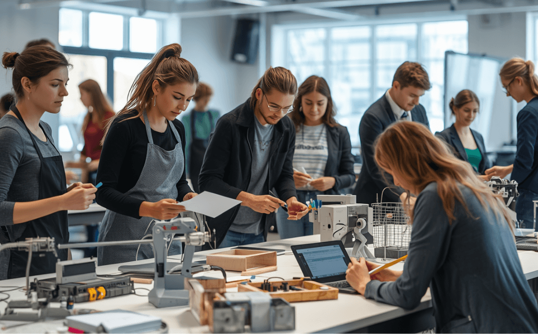 Professora a orientar estudantes em laboratório de design e tecnologia