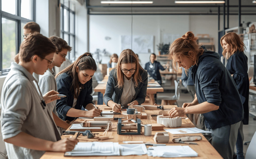 Equipa a trabalhar em makerspace educativo com tecnologia avançada